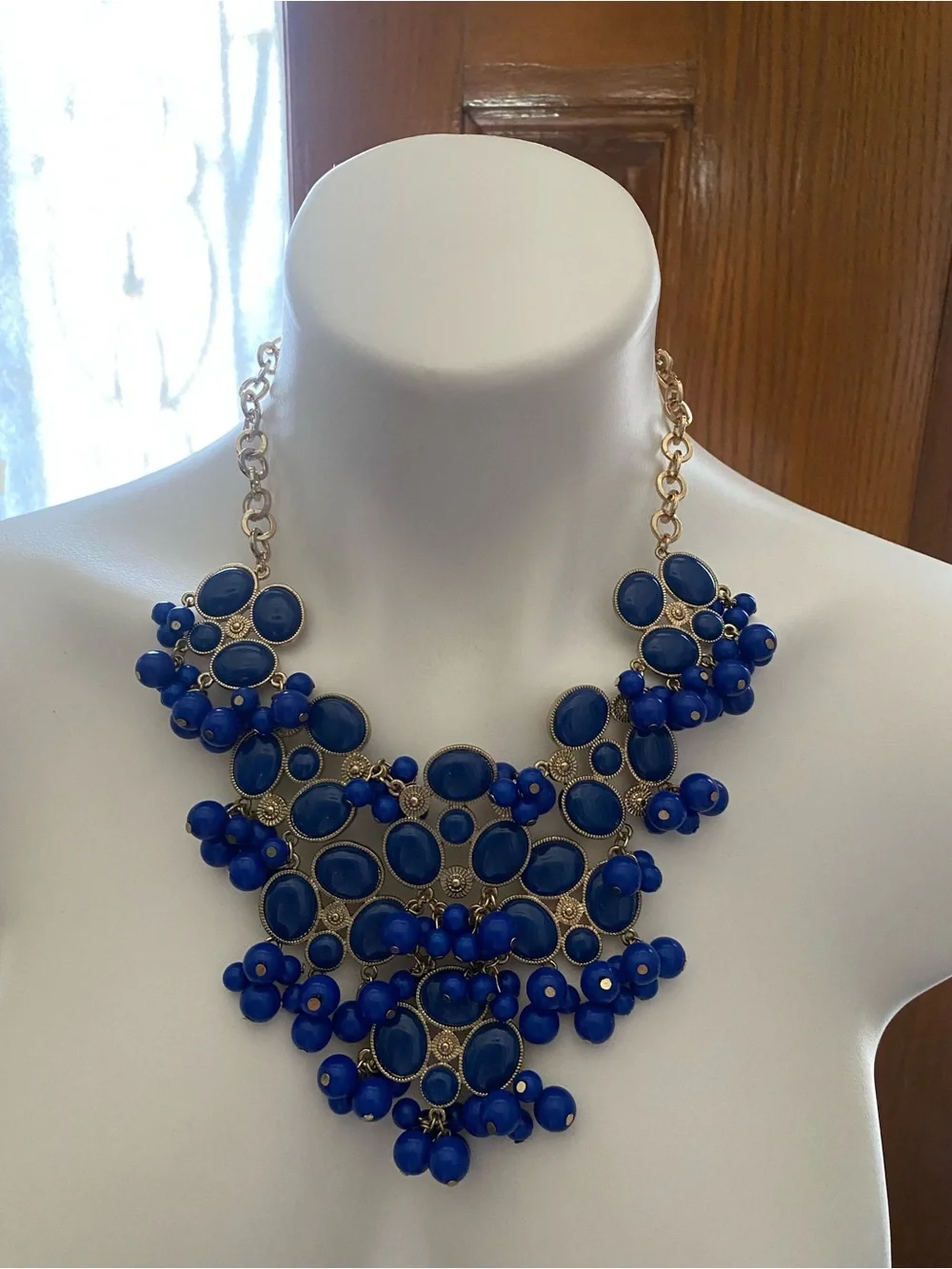 Statement Bib Necklace in Royal Blue with Gold Accents